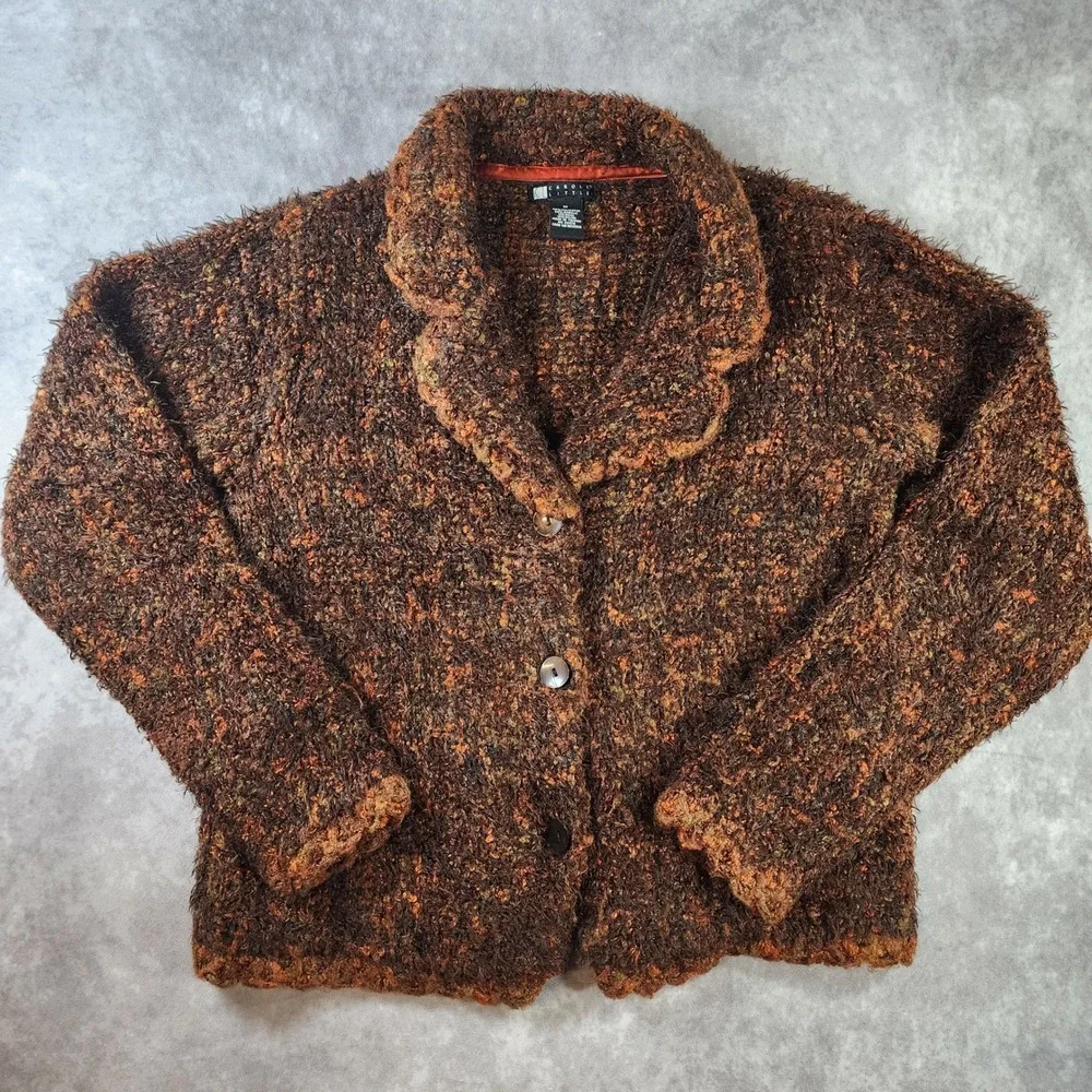 Carole Little Womens M Brown Boucle Wool Blend Cardigan Ruffle Collar Y2K
